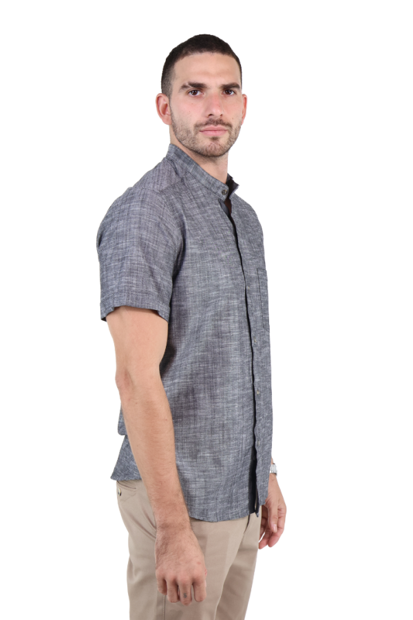 Camisas De Vestir Manga Corta Look De Lino Negro Jaspe Slim Fit Hombre
